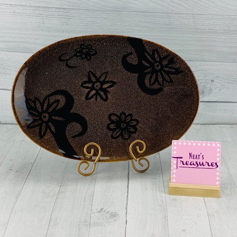 Foreside ECO GARDEN Stoneware Large Oval Floral Brown Speckled Serving Platter
